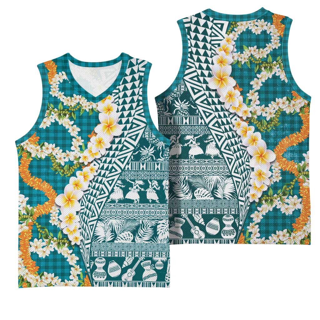 Hawaiian Plumeria Lei Basketball Jersey Kakau Motifs and Palaka Half Style Turquoise Color LT03 - Polynesian Pride