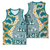 Hawaiian Plumeria Lei Basketball Jersey Kakau Motifs and Palaka Half Style Turquoise Color LT03 - Polynesian Pride