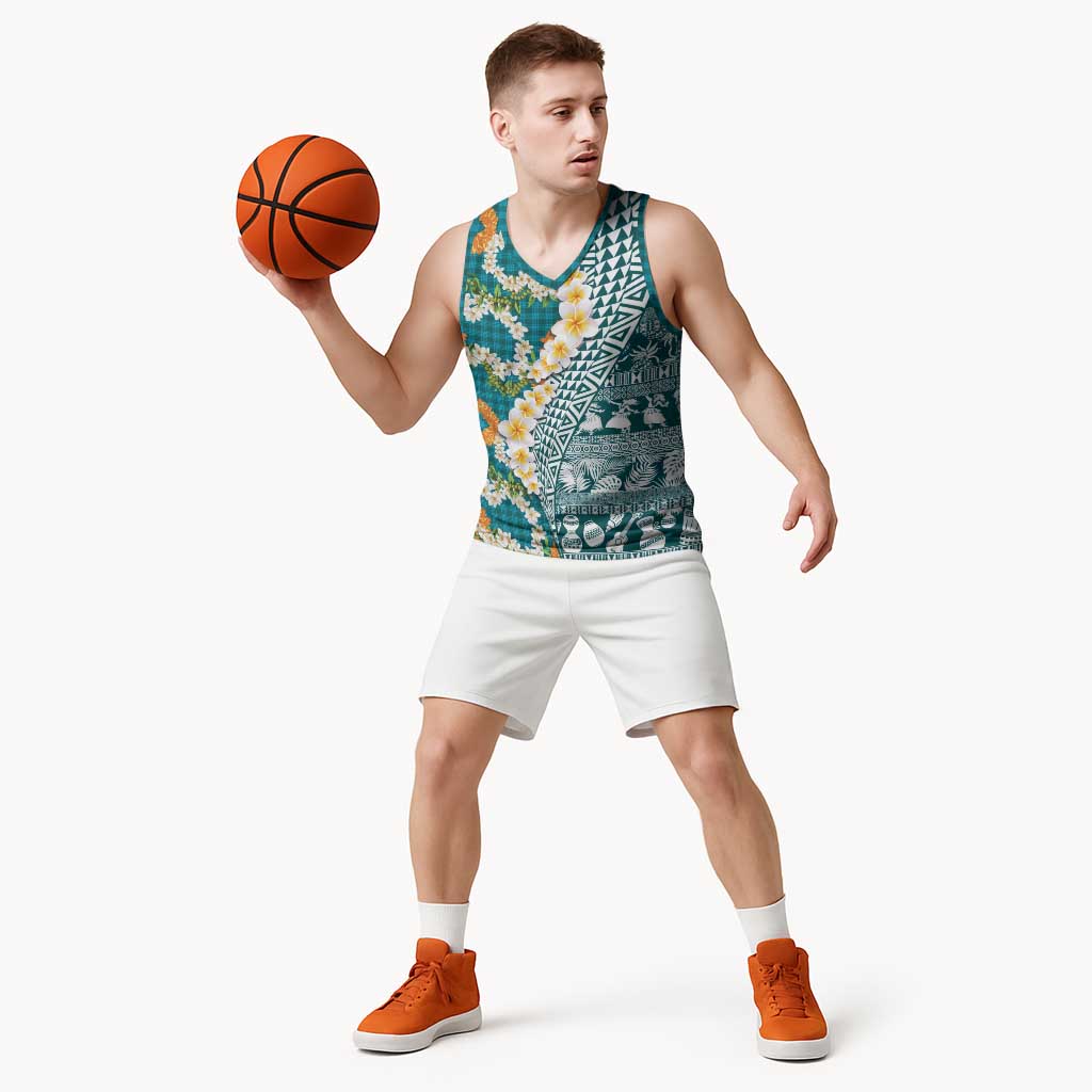 Hawaiian Plumeria Lei Basketball Jersey Kakau Motifs and Palaka Half Style Turquoise Color LT03 - Polynesian Pride