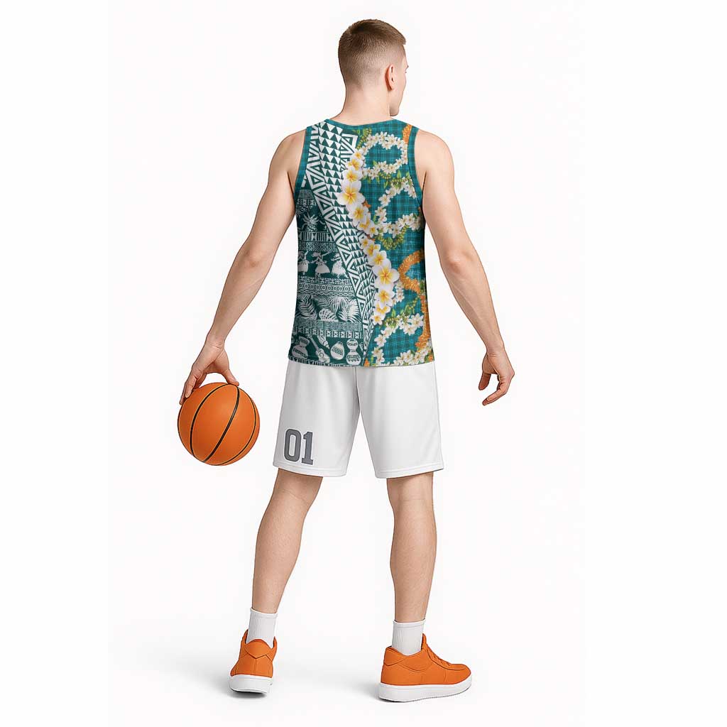 Hawaiian Plumeria Lei Basketball Jersey Kakau Motifs and Palaka Half Style Turquoise Color LT03 - Polynesian Pride