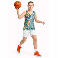 Hawaiian Plumeria Lei Basketball Jersey Kakau Motifs and Palaka Half Style Turquoise Color LT03 - Polynesian Pride