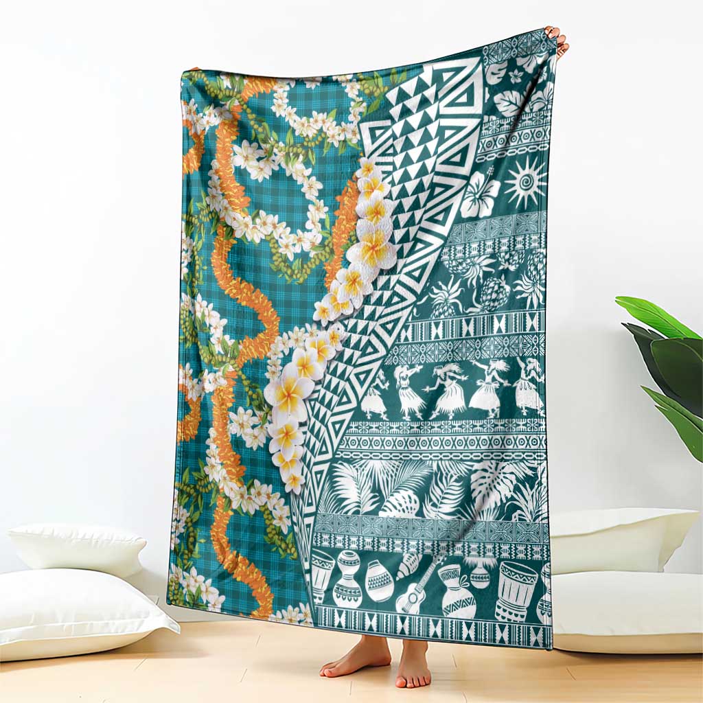 Hawaiian Plumeria Lei Blanket Kakau Motifs and Palaka Half Style Turquoise Color - Polynesian Pride