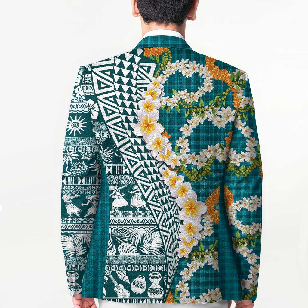 Hawaiian Plumeria Lei Blazer Kakau Motifs and Palaka Half Style Turquoise Color - Polynesian Pride