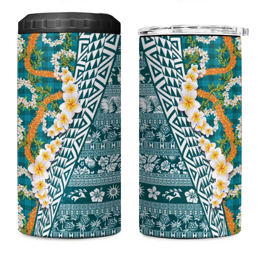 Hawaiian Plumeria Lei 4 in 1 Can Cooler Tumbler Kakau Motifs and Palaka Half Style Turquoise Color LT03 One Size: 16 oz Turquoise - Polynesian Pride