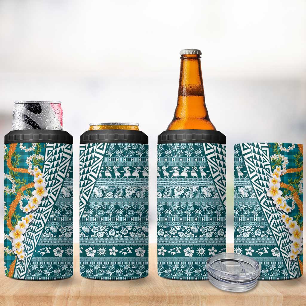 Hawaiian Plumeria Lei 4 in 1 Can Cooler Tumbler Kakau Motifs and Palaka Half Style Turquoise Color LT03 - Polynesian Pride