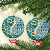 Hawaiian Plumeria Lei Ceramic Ornament Kakau Motifs and Palaka Half Style Turquoise Color - Polynesian Pride