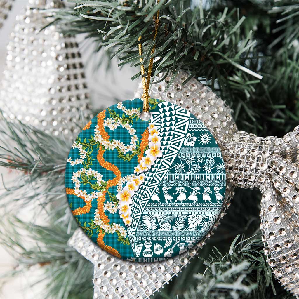 Hawaiian Plumeria Lei Ceramic Ornament Kakau Motifs and Palaka Half Style Turquoise Color - Polynesian Pride