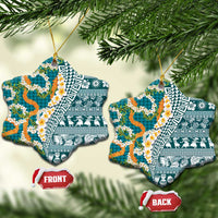 Hawaiian Plumeria Lei Ceramic Ornament Kakau Motifs and Palaka Half Style Turquoise Color - Polynesian Pride