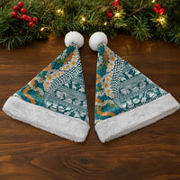 Hawaiian Plumeria Lei Christmas Santa Hat Kakau Motifs and Palaka Half Style Turquoise Color - Polynesian Pride