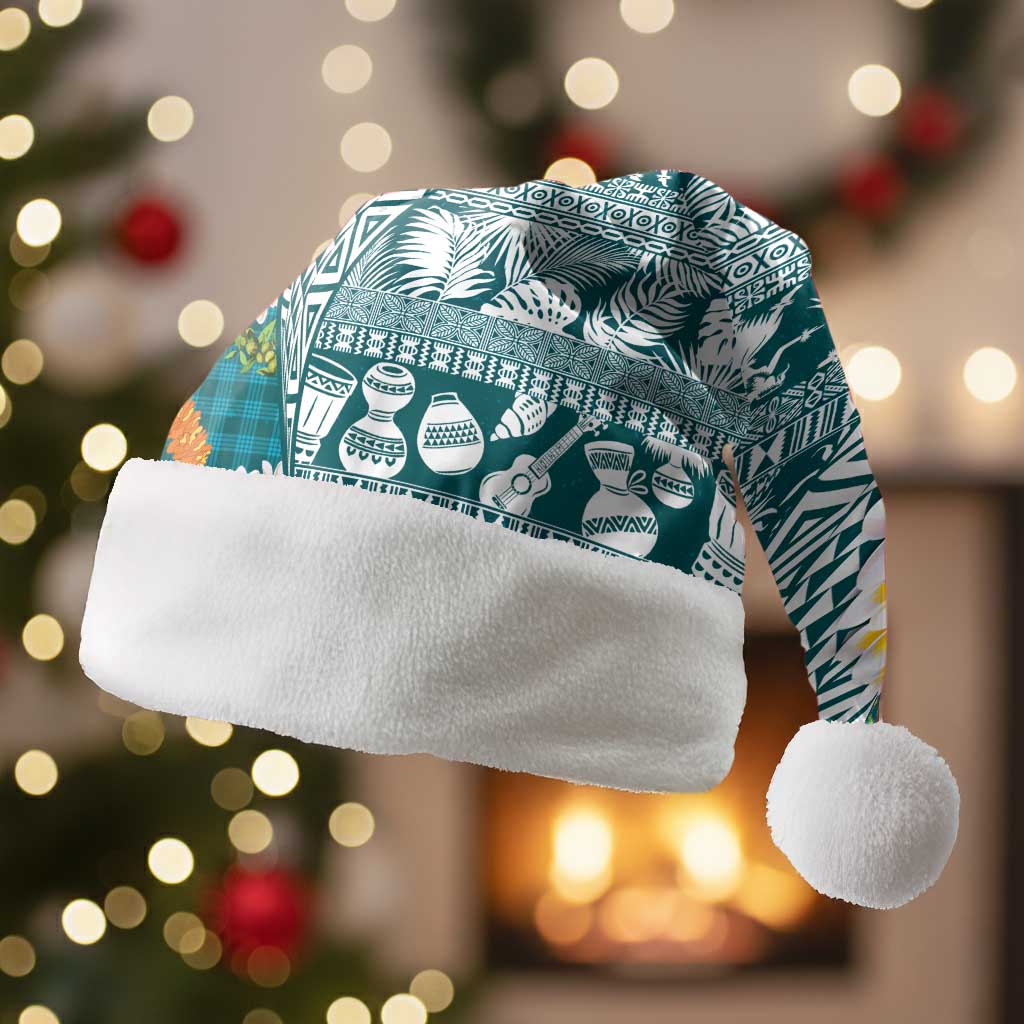 Hawaiian Plumeria Lei Christmas Santa Hat Kakau Motifs and Palaka Half Style Turquoise Color - Polynesian Pride