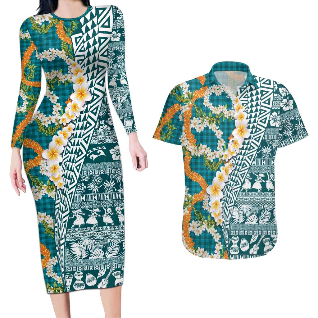 Hawaiian Plumeria Lei Couples Matching Long Sleeve Bodycon Dress and Hawaiian Shirt Kakau Motifs and Palaka Half Style Turquoise Color LT03 Turquoise - Polynesian Pride