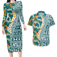 Hawaiian Plumeria Lei Couples Matching Long Sleeve Bodycon Dress and Hawaiian Shirt Kakau Motifs and Palaka Half Style Turquoise Color LT03 Turquoise - Polynesian Pride