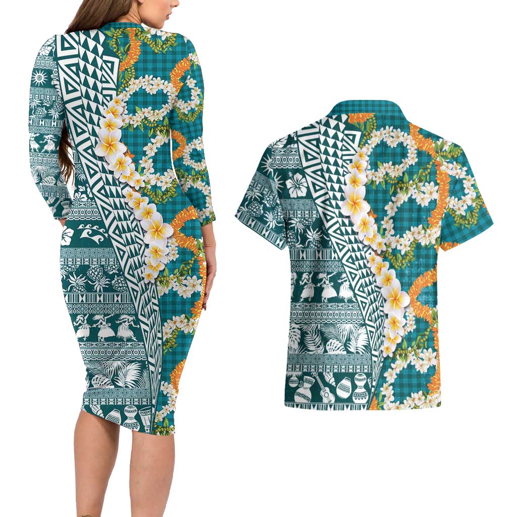 Hawaiian Plumeria Lei Couples Matching Long Sleeve Bodycon Dress and Hawaiian Shirt Kakau Motifs and Palaka Half Style Turquoise Color LT03 - Polynesian Pride