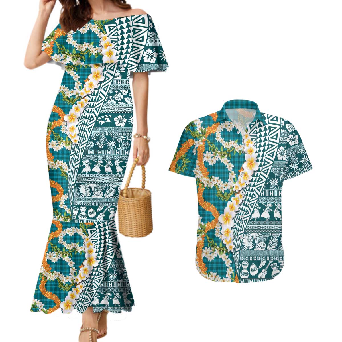 Hawaiian Plumeria Lei Couples Matching Mermaid Dress and Hawaiian Shirt Kakau Motifs and Palaka Half Style Turquoise Color - Polynesian Pride