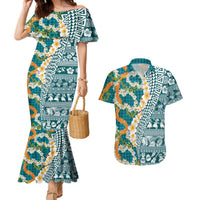 Hawaiian Plumeria Lei Couples Matching Mermaid Dress and Hawaiian Shirt Kakau Motifs and Palaka Half Style Turquoise Color LT03 Turquoise - Polynesian Pride