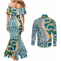 Hawaiian Plumeria Lei Couples Matching Mermaid Dress and Long Sleeve Button Shirt Kakau Motifs and Palaka Half Style Turquoise Color LT03 - Polynesian Pride