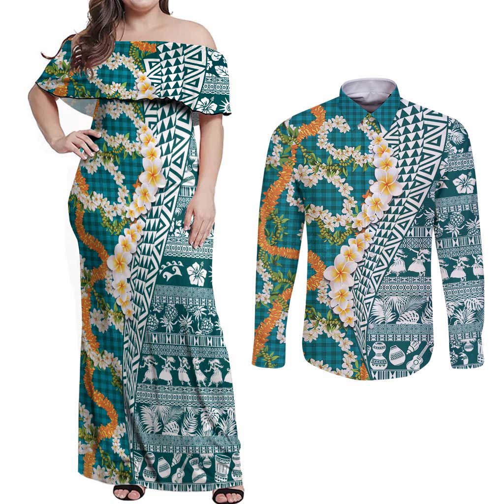 Hawaiian Plumeria Lei Couples Matching Off Shoulder Maxi Dress and Long Sleeve Button Shirt Kakau Motifs and Palaka Half Style Turquoise Color - Polynesian Pride