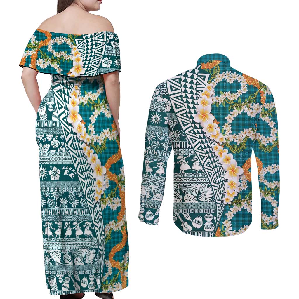Hawaiian Plumeria Lei Couples Matching Off Shoulder Maxi Dress and Long Sleeve Button Shirt Kakau Motifs and Palaka Half Style Turquoise Color LT03 - Polynesian Pride