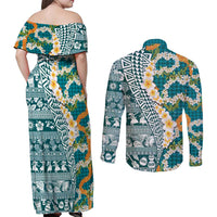 Hawaiian Plumeria Lei Couples Matching Off Shoulder Maxi Dress and Long Sleeve Button Shirt Kakau Motifs and Palaka Half Style Turquoise Color LT03 - Polynesian Pride