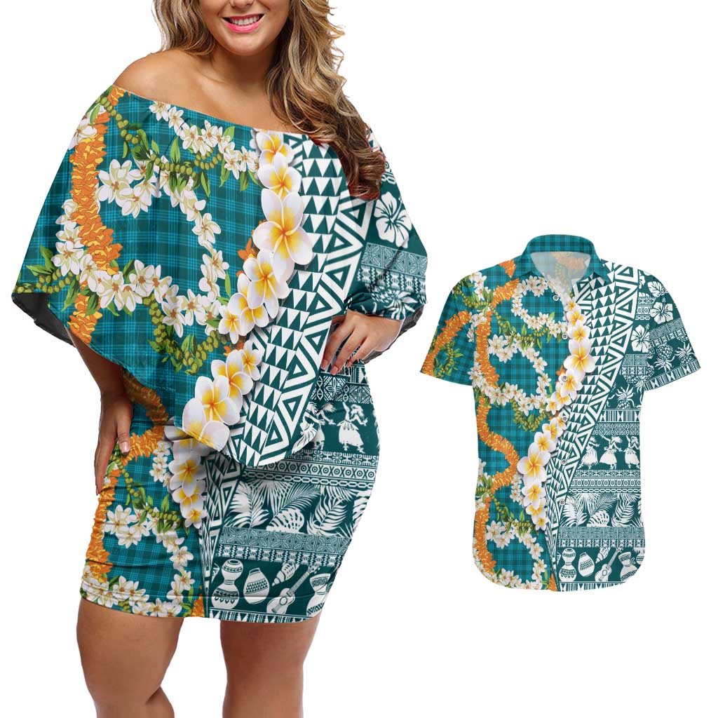 Hawaiian Plumeria Lei Couples Matching Off Shoulder Short Dress and Hawaiian Shirt Kakau Motifs and Palaka Half Style Turquoise Color - Polynesian Pride