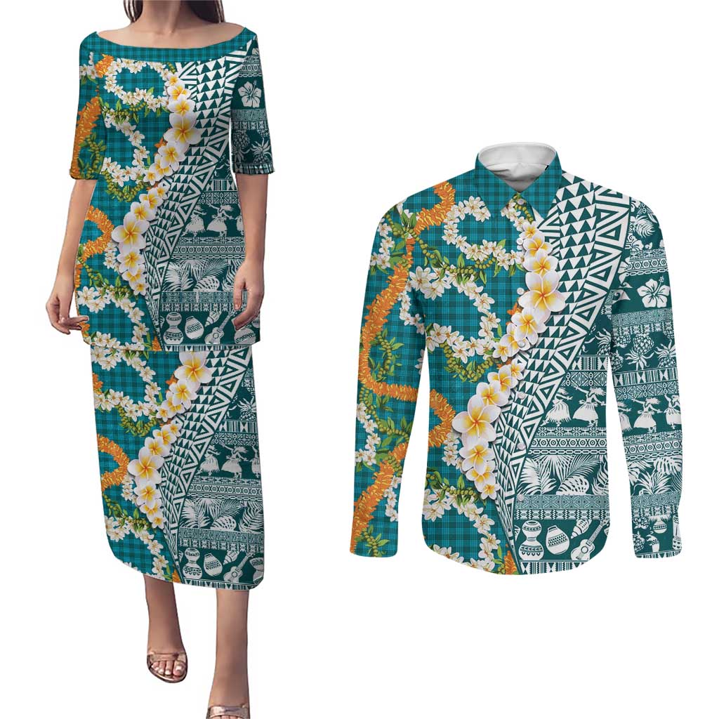 Hawaiian Plumeria Lei Couples Matching Puletasi and Long Sleeve Button Shirt Kakau Motifs and Palaka Half Style Turquoise Color - Polynesian Pride
