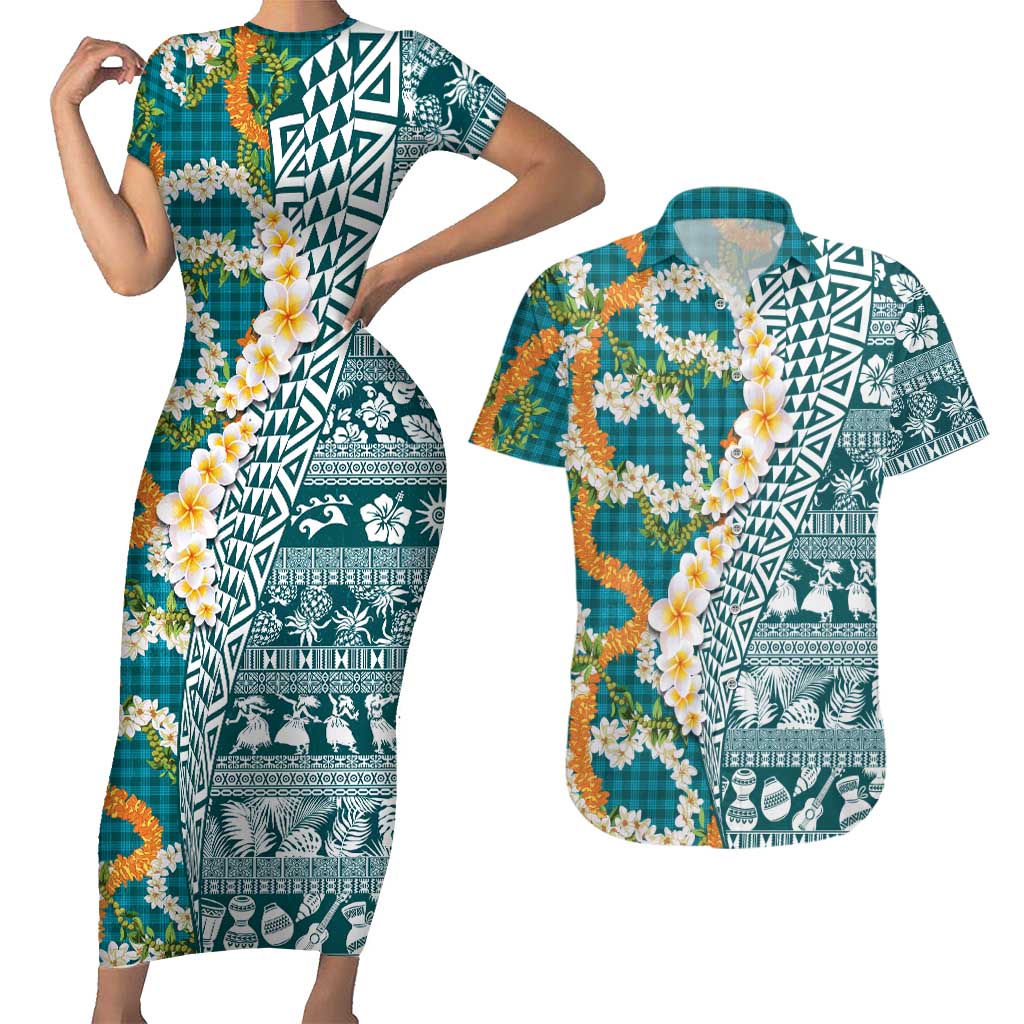 Hawaiian Plumeria Lei Couples Matching Short Sleeve Bodycon Dress and Hawaiian Shirt Kakau Motifs and Palaka Half Style Turquoise Color LT03 Turquoise - Polynesian Pride