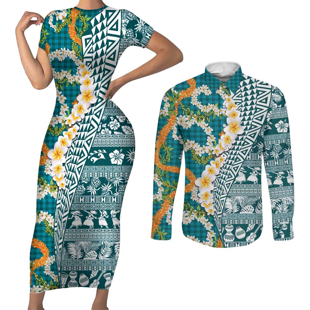 Hawaiian Plumeria Lei Couples Matching Short Sleeve Bodycon Dress and Long Sleeve Button Shirt Kakau Motifs and Palaka Half Style Turquoise Color - Polynesian Pride