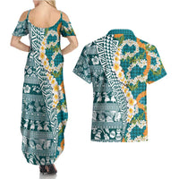Hawaiian Plumeria Lei Couples Matching Summer Maxi Dress and Hawaiian Shirt Kakau Motifs and Palaka Half Style Turquoise Color LT03 - Polynesian Pride