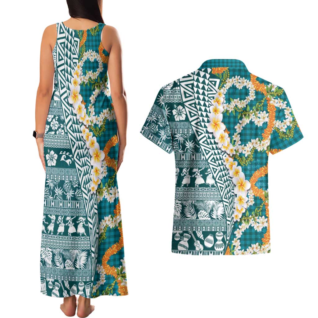 Hawaiian Plumeria Lei Couples Matching Tank Maxi Dress and Hawaiian Shirt Kakau Motifs and Palaka Half Style Turquoise Color LT03 - Polynesian Pride