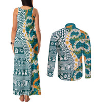 Hawaiian Plumeria Lei Couples Matching Tank Maxi Dress and Long Sleeve Button Shirt Kakau Motifs and Palaka Half Style Turquoise Color LT03 - Polynesian Pride