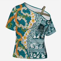 Hawaiian Plumeria Lei Cross Shoulder Shirt Kakau Motifs and Palaka Half Style Turquoise Color LT03 Female Turquoise - Polynesian Pride