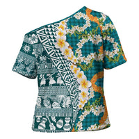 Hawaiian Plumeria Lei Cross Shoulder Shirt Kakau Motifs and Palaka Half Style Turquoise Color LT03 - Polynesian Pride