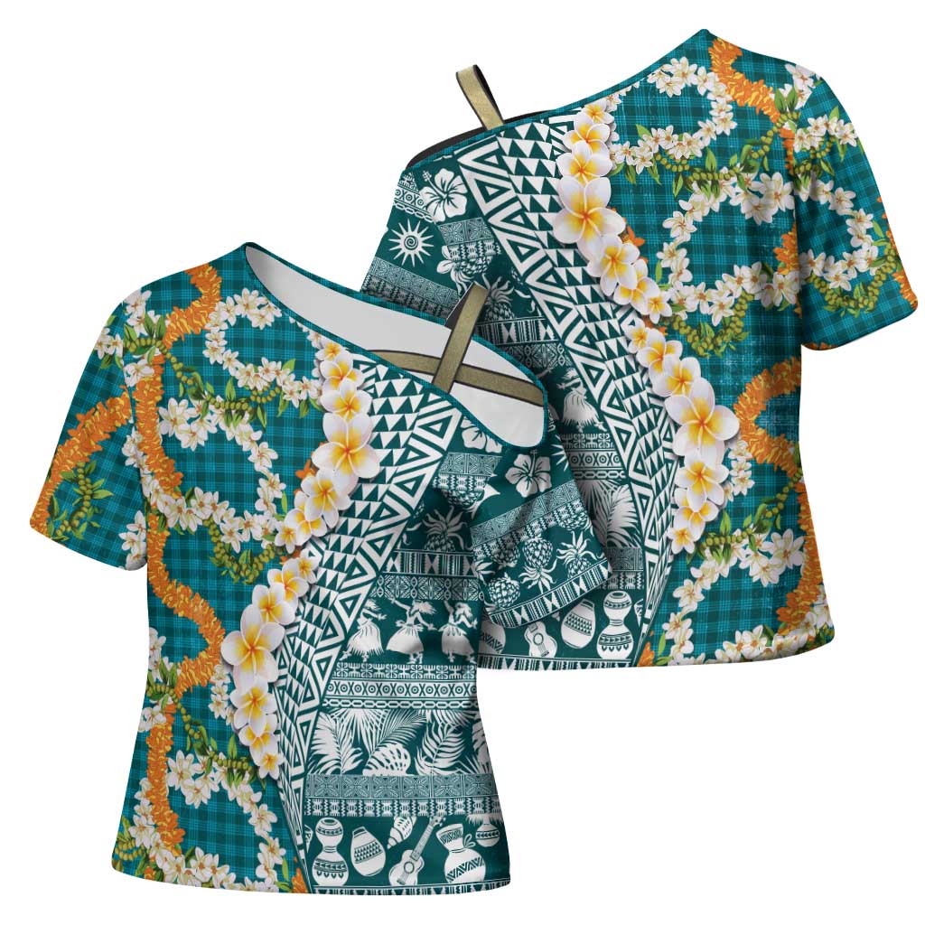 Hawaiian Plumeria Lei Cross Shoulder Shirt Kakau Motifs and Palaka Half Style Turquoise Color LT03 - Polynesian Pride