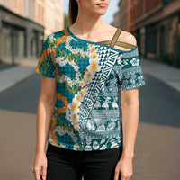 Hawaiian Plumeria Lei Cross Shoulder Shirt Kakau Motifs and Palaka Half Style Turquoise Color LT03 - Polynesian Pride