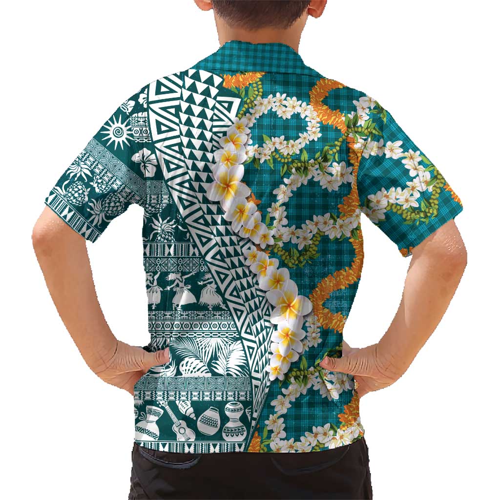 Hawaiian Plumeria Lei Family Matching Mermaid Dress and Hawaiian Shirt Kakau Motifs and Palaka Half Style Turquoise Color LT03 - Polynesian Pride