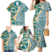 Hawaiian Plumeria Lei Family Matching Mermaid Dress and Hawaiian Shirt Kakau Motifs and Palaka Half Style Turquoise Color LT03 - Polynesian Pride