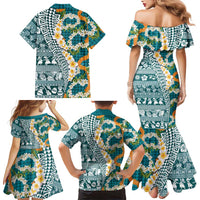 Hawaiian Plumeria Lei Family Matching Mermaid Dress and Hawaiian Shirt Kakau Motifs and Palaka Half Style Turquoise Color LT03 - Polynesian Pride