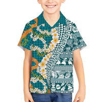 Hawaiian Plumeria Lei Family Matching Mermaid Dress and Hawaiian Shirt Kakau Motifs and Palaka Half Style Turquoise Color LT03 Son's Shirt Turquoise - Polynesian Pride