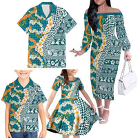Hawaiian Plumeria Lei Family Matching Off The Shoulder Long Sleeve Dress and Hawaiian Shirt Kakau Motifs and Palaka Half Style Turquoise Color LT03 - Polynesian Pride