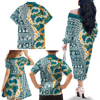 Hawaiian Plumeria Lei Family Matching Off The Shoulder Long Sleeve Dress and Hawaiian Shirt Kakau Motifs and Palaka Half Style Turquoise Color LT03 - Polynesian Pride
