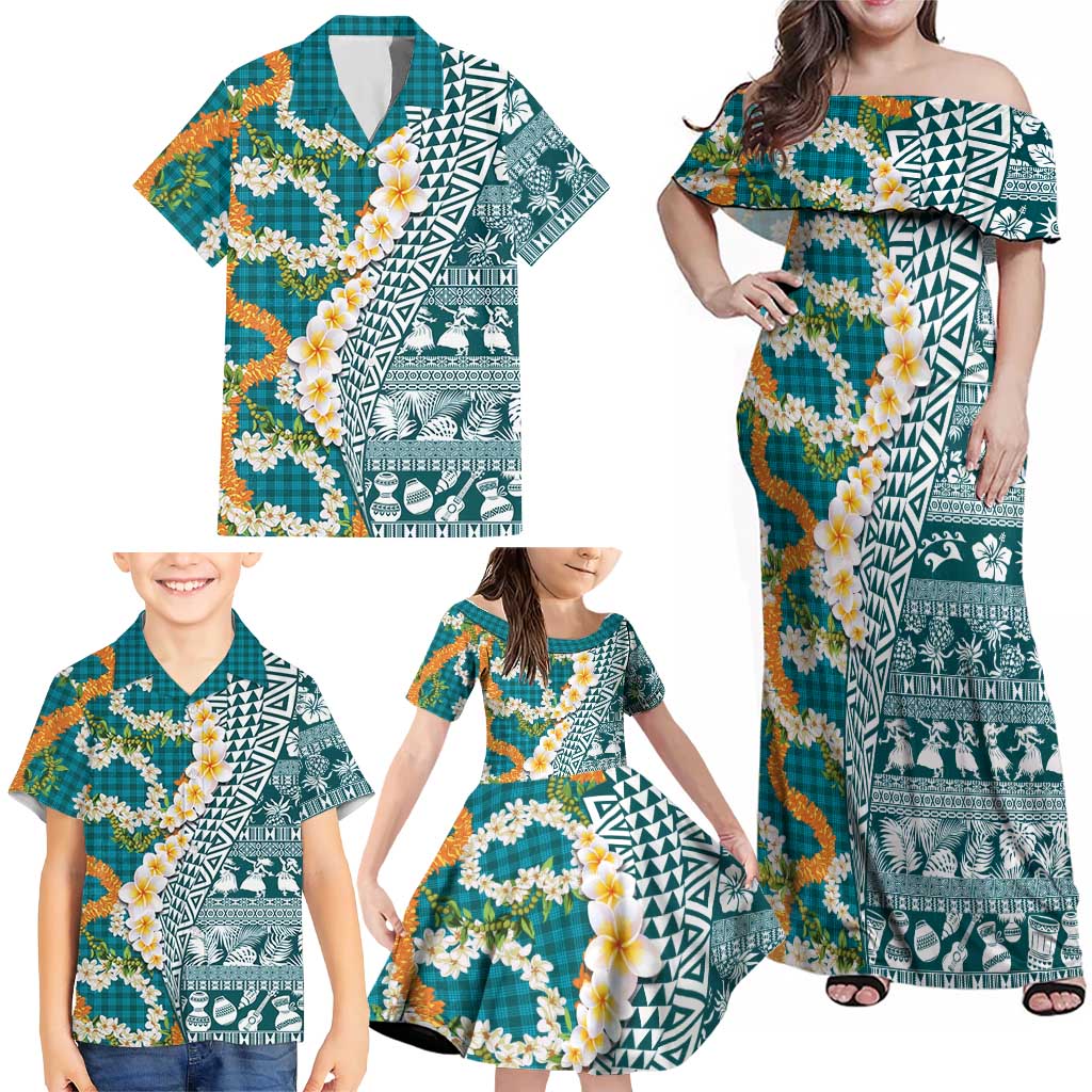 Hawaiian Plumeria Lei Family Matching Off Shoulder Maxi Dress and Hawaiian Shirt Kakau Motifs and Palaka Half Style Turquoise Color LT03 - Polynesian Pride