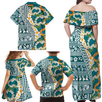 Hawaiian Plumeria Lei Family Matching Off Shoulder Maxi Dress and Hawaiian Shirt Kakau Motifs and Palaka Half Style Turquoise Color LT03 - Polynesian Pride