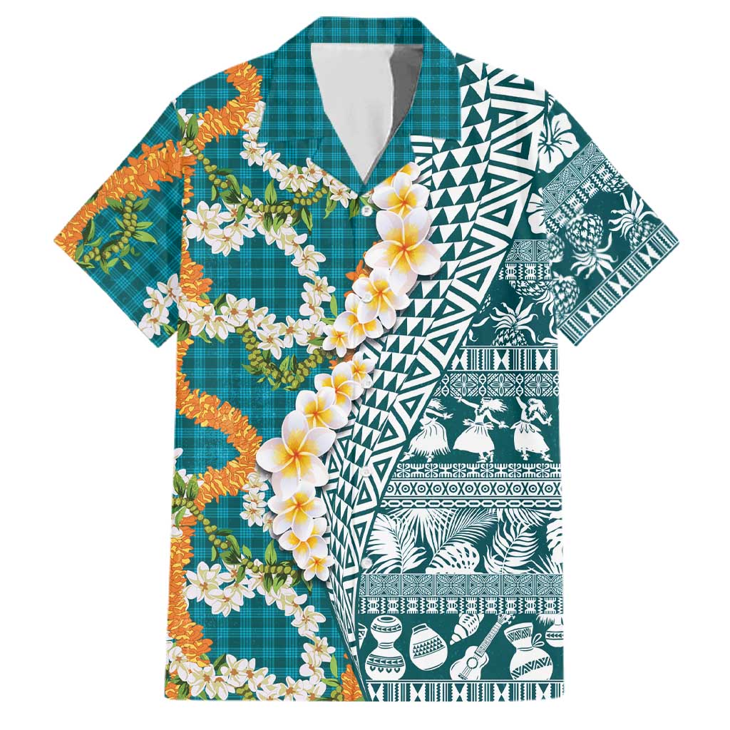 Hawaiian Plumeria Lei Family Matching Off Shoulder Maxi Dress and Hawaiian Shirt Kakau Motifs and Palaka Half Style Turquoise Color LT03 Dad's Shirt - Short Sleeve Turquoise - Polynesian Pride
