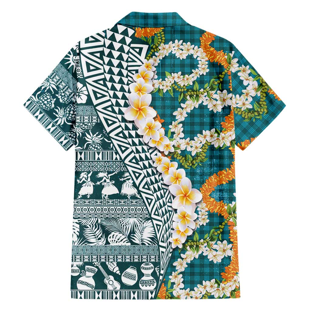 Hawaiian Plumeria Lei Family Matching Off Shoulder Maxi Dress and Hawaiian Shirt Kakau Motifs and Palaka Half Style Turquoise Color LT03 - Polynesian Pride