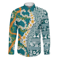 Hawaiian Plumeria Lei Family Matching Off Shoulder Maxi Dress and Hawaiian Shirt Kakau Motifs and Palaka Half Style Turquoise Color LT03 Dad's Shirt - Long Sleeve Turquoise - Polynesian Pride