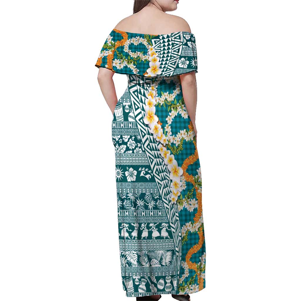 Hawaiian Plumeria Lei Family Matching Off Shoulder Maxi Dress and Hawaiian Shirt Kakau Motifs and Palaka Half Style Turquoise Color LT03 - Polynesian Pride