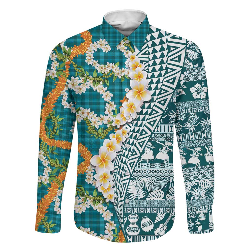 Hawaiian Plumeria Lei Family Matching Off Shoulder Short Dress and Hawaiian Shirt Kakau Motifs and Palaka Half Style Turquoise Color LT03 Dad's Shirt - Long Sleeve Turquoise - Polynesian Pride