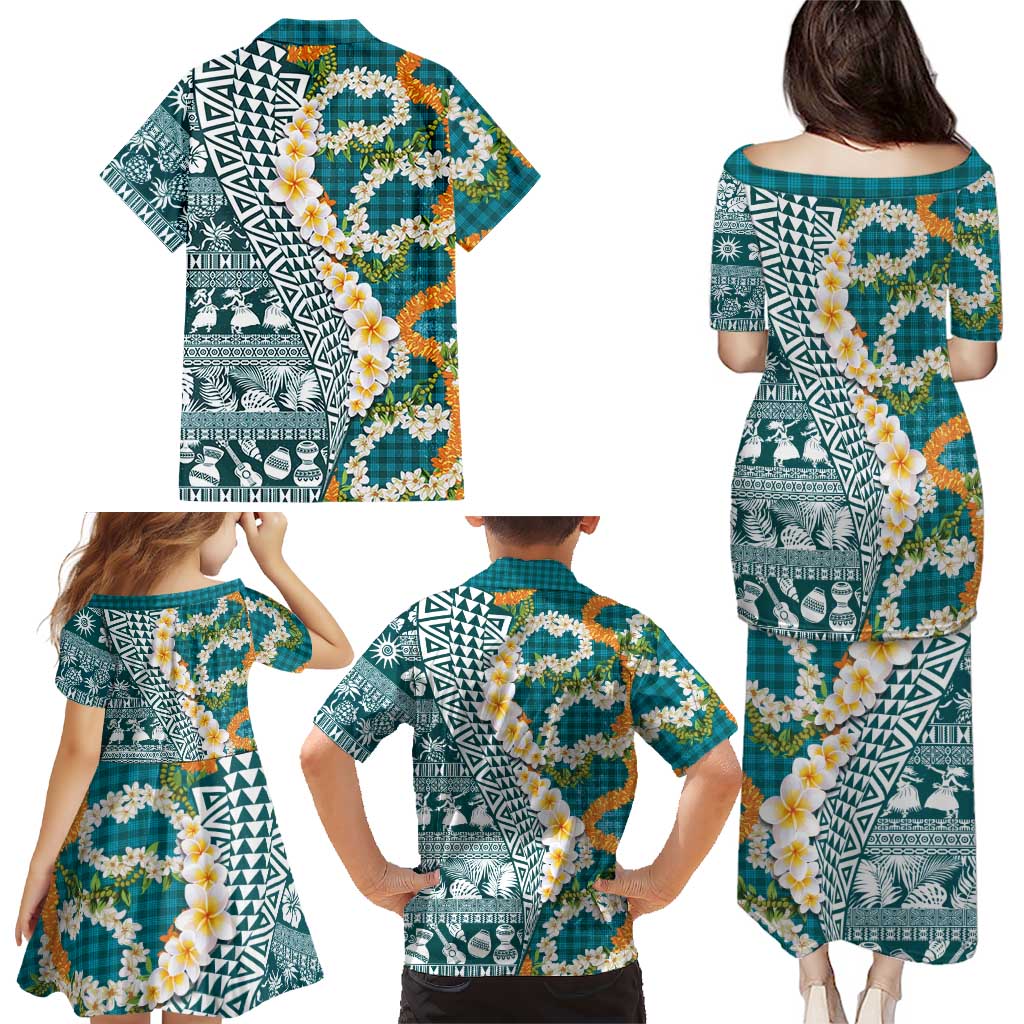 Hawaiian Plumeria Lei Family Matching Puletasi and Hawaiian Shirt Kakau Motifs and Palaka Half Style Turquoise Color LT03 - Polynesian Pride