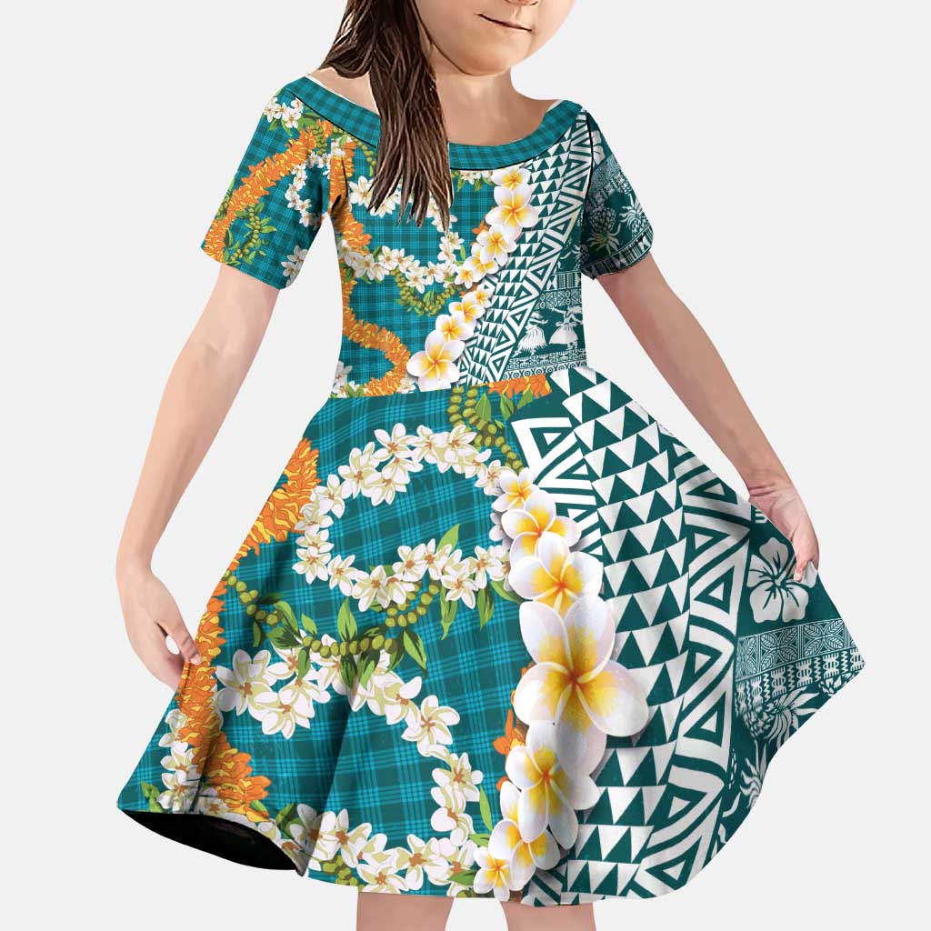 Hawaiian Plumeria Lei Family Matching Short Sleeve Bodycon Dress and Hawaiian Shirt Kakau Motifs and Palaka Half Style Turquoise Color LT03 Daughter's Dress Turquoise - Polynesian Pride