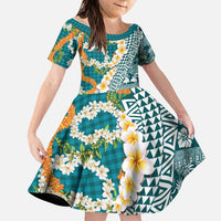 Hawaiian Plumeria Lei Family Matching Summer Maxi Dress and Hawaiian Shirt Kakau Motifs and Palaka Half Style Turquoise Color LT03 Daughter's Dress Turquoise - Polynesian Pride